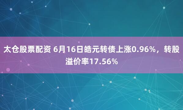 太仓股票配资 6月16日皓元转债上涨0.96%，转股溢价率17.56%